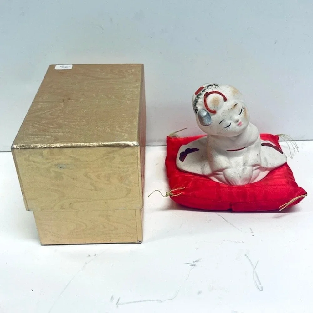 Vintage Hakata Urasaki Japanese Bisque Doll Figurine with Red Cushion and Box